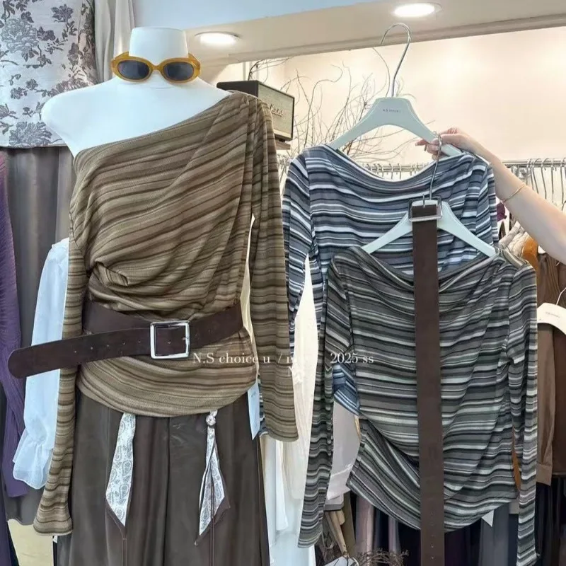 

New Korean Style Simple Temperament Contrasting Striped Pleated One-line Collar Shirt for Women Trendy