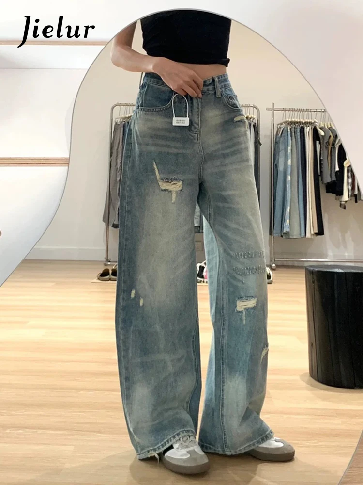 Calça jeans lavada de cintura alta feminina, calça reta solta vintage, de perna larga feminina, calça angustiada, chique, novo básico, moda americana