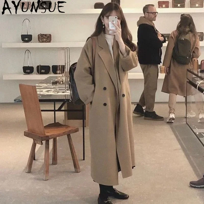 

2024 AYUNSUE Winter Korean Double Breasted Long 100% Wool Coat Women Casual Loose Lacing Belt Woolen Overcoat Oversized Jackets