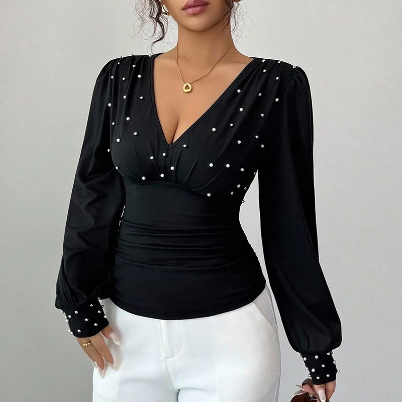 

Temperament Commuter Slim Slim Tops Female Tee Women's 2026 Autumn Trendy Fashion Solid Color V Neck Long Sleeve Women T-Shirts