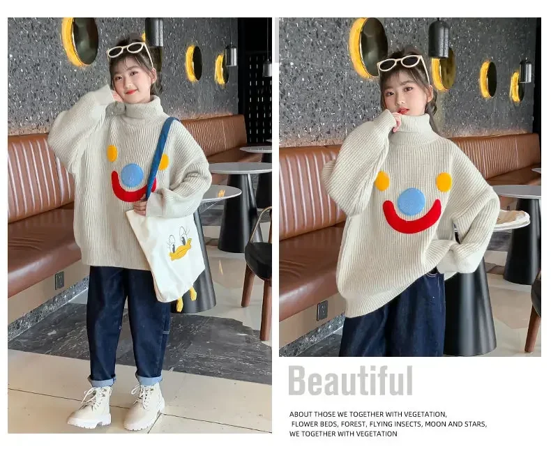 Girls' Turtleneck Sweater Autumn And Winter New Loose Knitted Western Style Middle And Big Children's Base  Cute Outfits Top