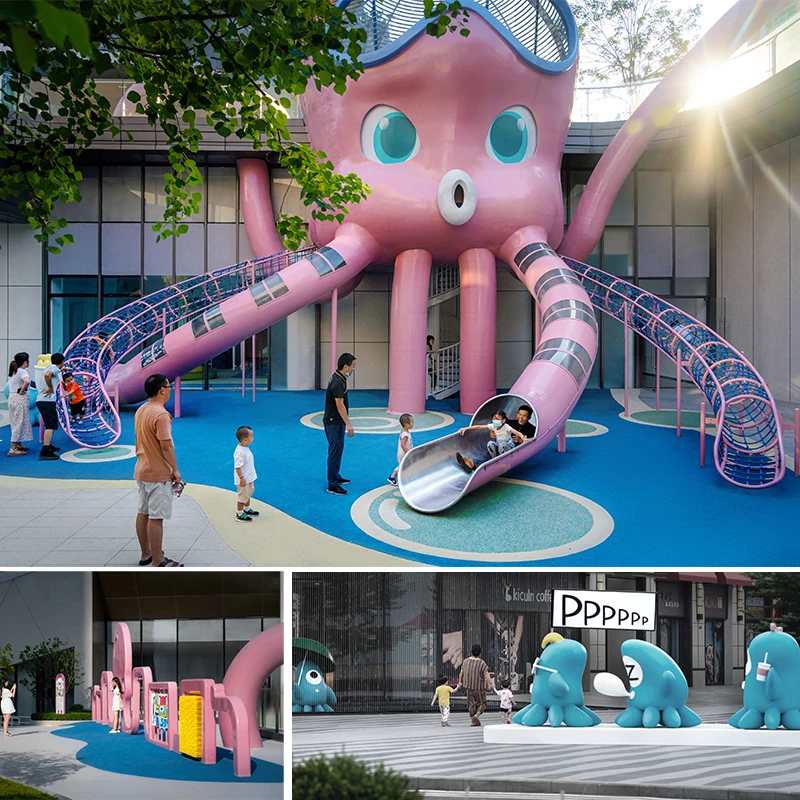 D053 Outdoor large stainless steel slide Octopus shape shark shaped children theme playground amusement equipment sculpture