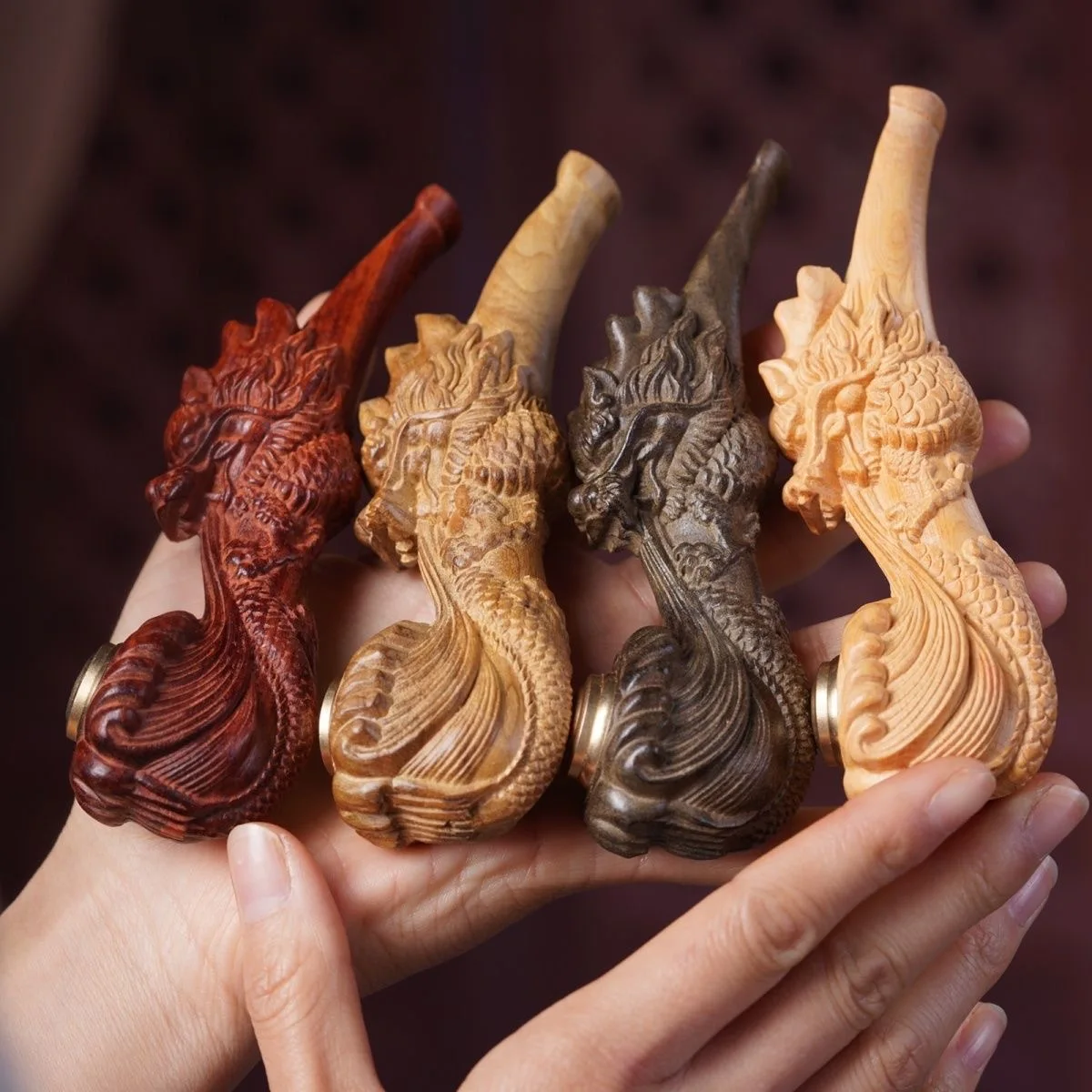 Advanced tobacco hopper wooden crafts rosewood wood tobacco hopper dual-use filter curved nanmu carving dragon head shape