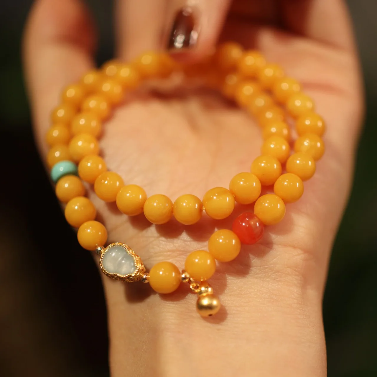 Chinese Traditional Lucky 7mm Double Layer Beeswax Bracelet For Women Jade Gourd Charm Blessing Wealth Fortune Good Luck Retro