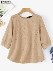 ZANZEA Women Elegant O Neck 3/4 Sleeve Lace Crochet Blouse Summer Shirt Fashion Casual Work Blusas Female Holiday Tops Chemise