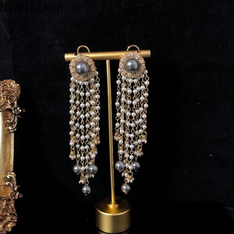 

NISHIZAWA Pearls Earrings for Women Long Tassels Palace Style Vintage Jewelry Hyperbole Light Luxury Pendientes Mujer