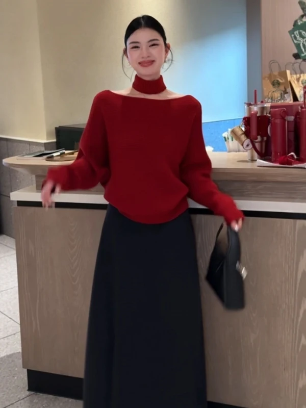 

Красный вязаный свитер на одно плечо, женский ленивый осенне-зимний модный новогодний атмосферный свитер с открытыми плечами Ne Hangin...