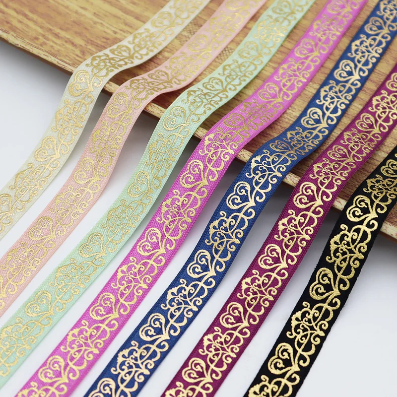 

5/8" 15mm Gold Foil Heart Damask Printed Spandex FOE Fold Over Elastic Ribbon For Hair Tie Headband DIY Sewing Accessories