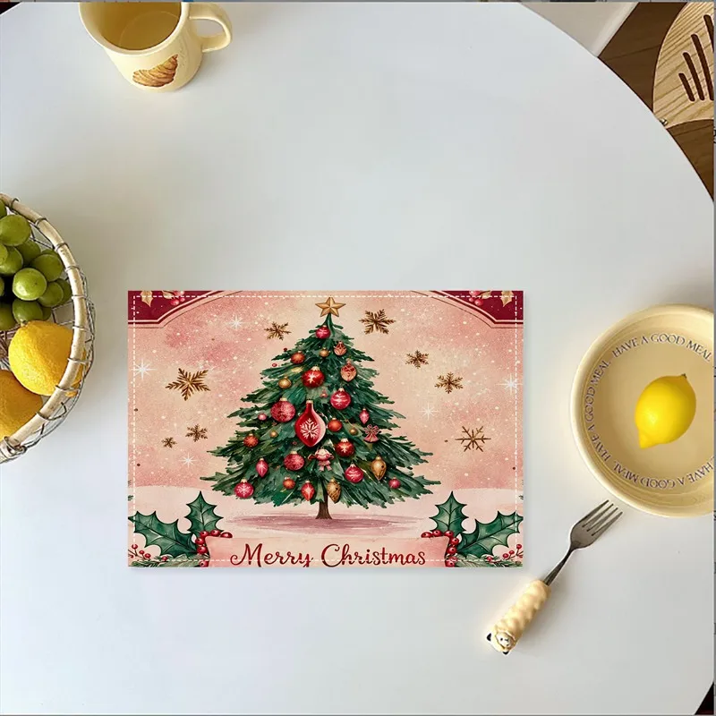 VIKAMA Linen Placemats Red Blue Snowman Cardinal Bird Tree, Stain Resistant Easy to Clean, Dining Table Holiday Decor