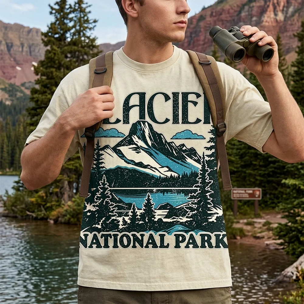 Men T Shirt Glacier National Park Mountain Graphic  Short Sleeve Crewneck Casual Loose Cotton Outdoor Vintage Tees