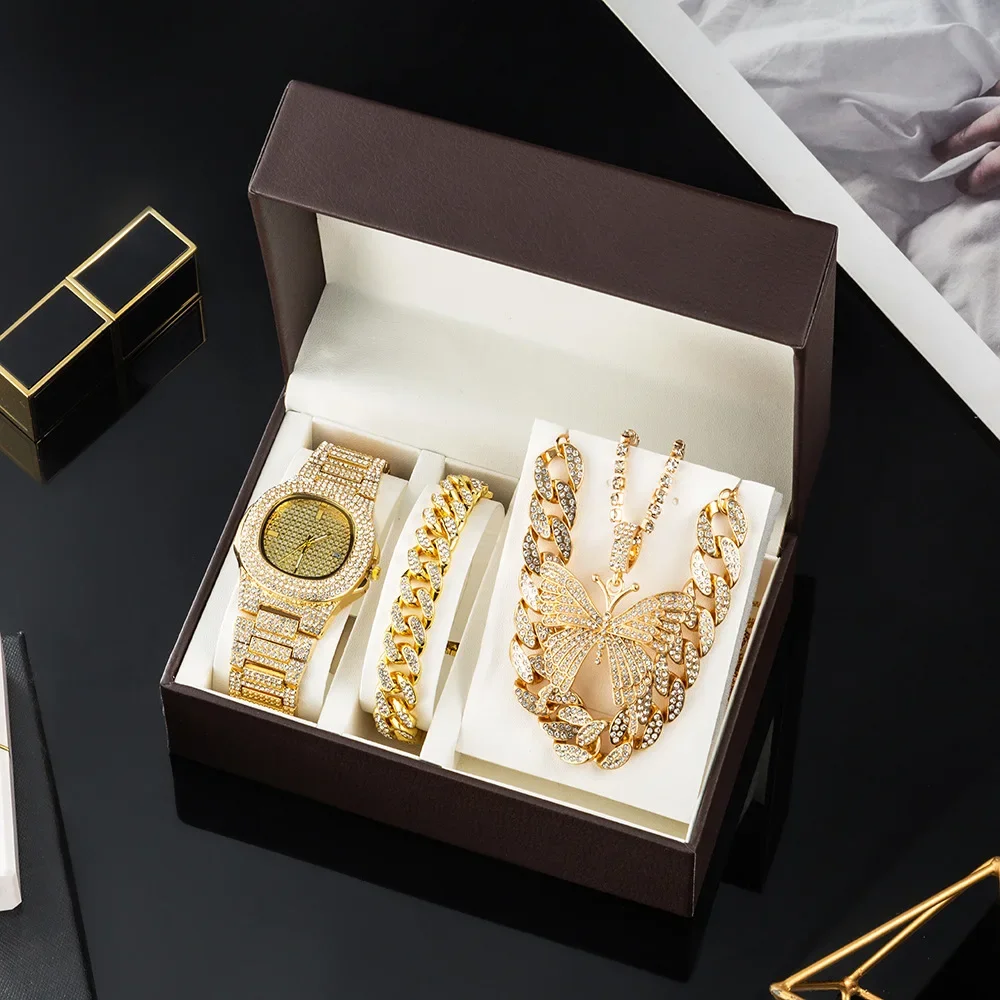 Hot Sale Sexy Delicate Luxury 3 Pieces Watch Set Best Gift Box Chain Butterfly Necklace Jewelry Full Diamond Ladies Watch