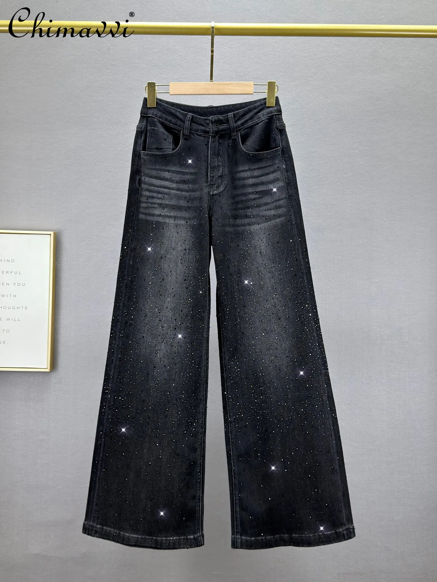 

European-style Rhinestone Women's Wide-leg Jeans 2026 Spring New Fashion High-waisted Loose Slim Floor-length Extended Pants