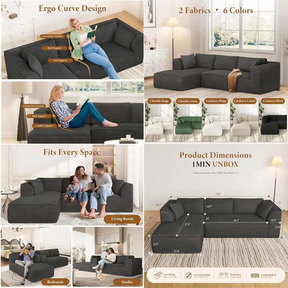 

Deep Seat Cloud Sofa Sectional with Chaise, Corduroy Memory Foam, No Assembly Required, Grey, Letter-A Chaise