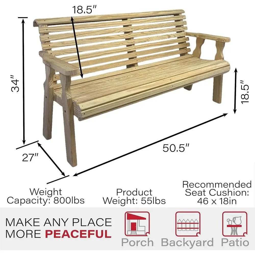 Heavy-Duty Unfinished 4-Foot Roll-Back Outdoor Bench - Made in USA from Treated Pine, Durable and Supports 700 Lbs