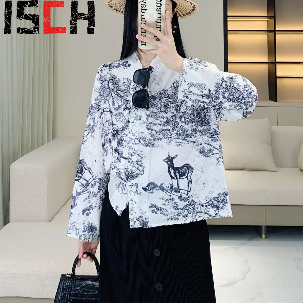 

Pleats Japanese Pleated Ink Print Elegant Paragraph Blouse Women Celadon Deer Print Stand-up Collar Long-sleeved Cardigan Jacket