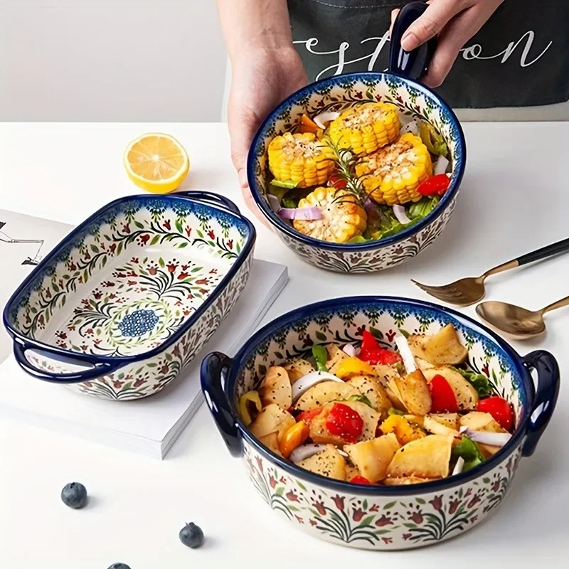 Set of 2 Ceramic Tableware Bowls, Vintage Design, Oven Safe for Home Kitchen Dining Daily Use