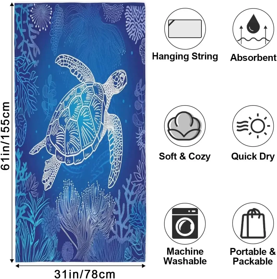Blue Sea Turtle Ocean Life Bath Towel Beach Mat Tropical Coral Print Bathroom Decor Gift Idea Summer Nautical Shower Towel Sheet
