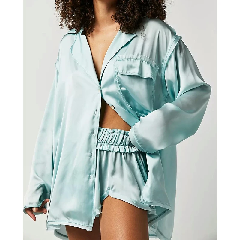 

Женский летний шелковистый комплект одежды для дома из 2 предметов, рубашки с длинными рукавами и эластичной резинкой на талии, широкие шорты