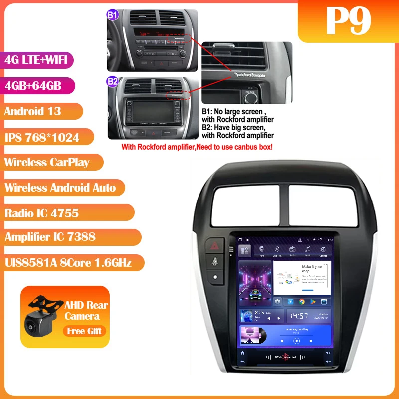 Android 14 Mitsubishi Asx 1 2010-2016 9.7 "7862S QLED Autoradio Multimedia Video Player Carplay Auto GPS Navi Stereo Geen DVD 2Din