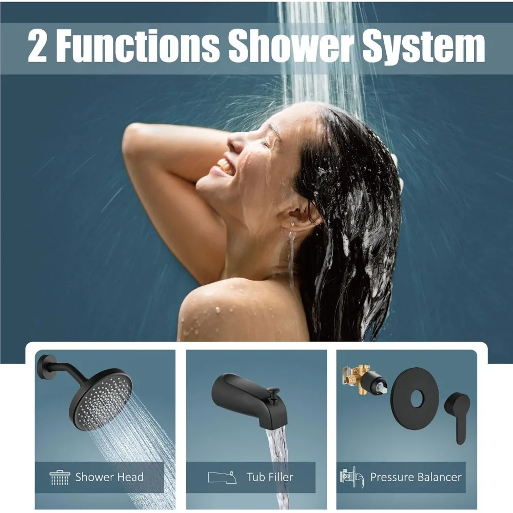 

6 Inch Bathtub Fixtures Rough-in Valve Single-Spray Shower Head System 5.3 Inch Tub Spout Matte Black Modern