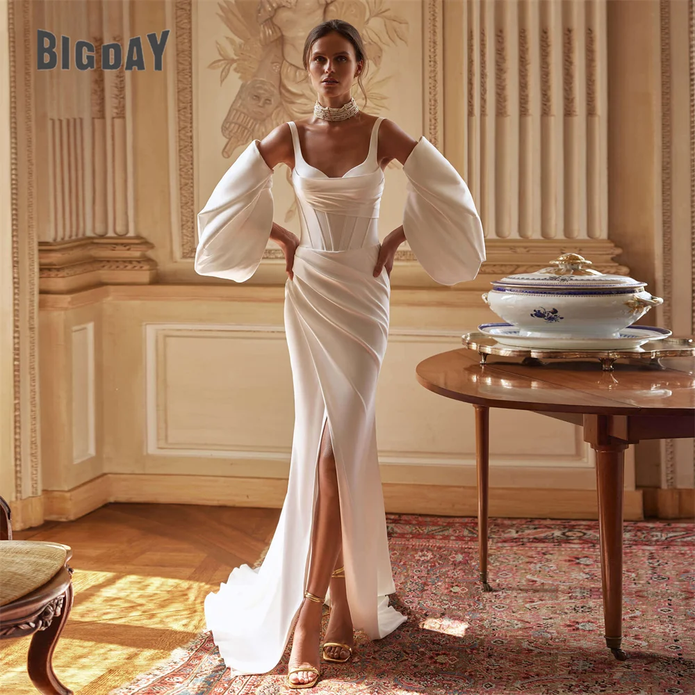 BIGDAY مطوي حورية البحر فستان الزفاف السباغيتي الأشرطة قارب الرقبة سبليت مفتوح الظهر بلا أكمام فستان زفاف Vestido De Noiva مخصص