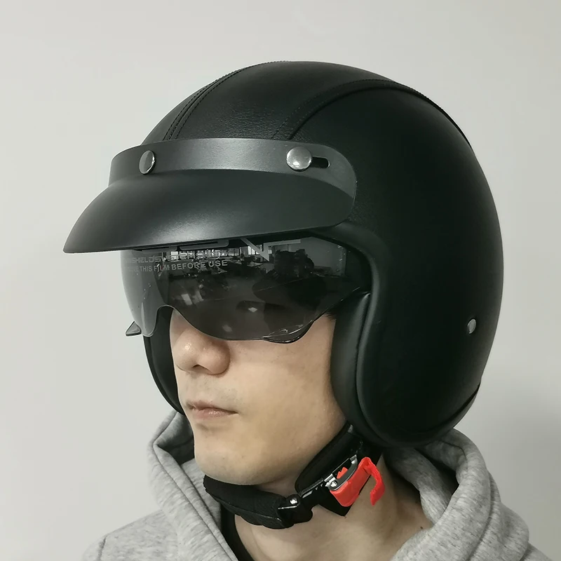 

SALE Black Brown Leather Fabrics Open Face Motorcycle Helmet Casco Moto Leather Classic Vintage Helmets with Bubble Mask