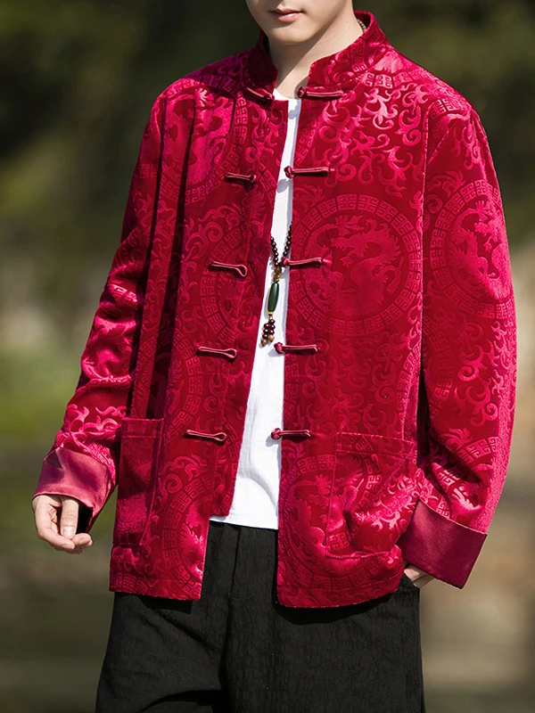 

Chinoiserie Sle Velvet Jaet with Stand Collar And Button up Casual Large Size Retro Men's Spring Autumn Wear
