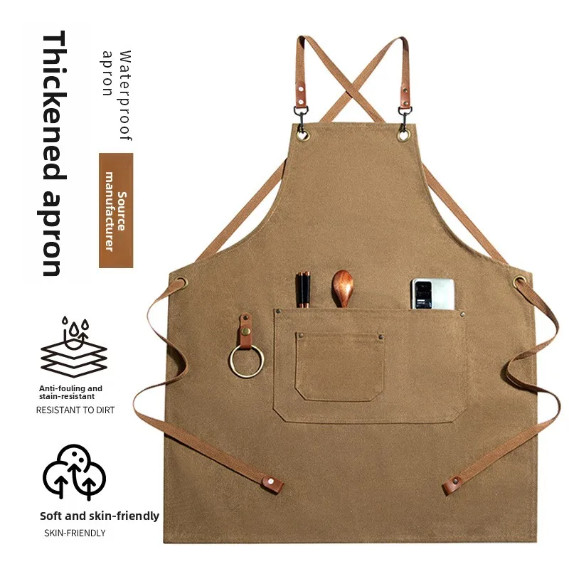 Thickened canvas apron, waterproof, suitable for home kitchen use, outdoor gardening, catering, and as denim work clothes