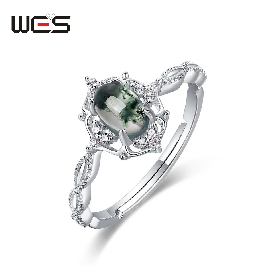 

WES Natural 4*6mm Green Moss Agate 925 Sterling Silver Rings For Women Unique Gemstone Vintage Trendy Fine Jewelry Gift Band