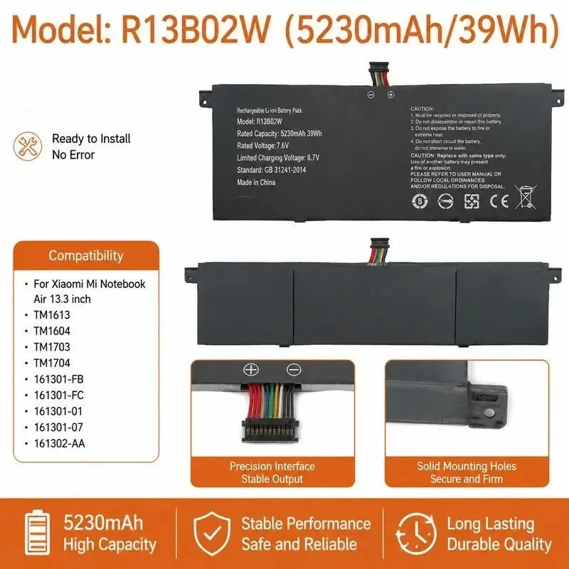 [NEW] 7.6V 39Wh Laptop Battery R13B02W for Xiaomi Air 13.3 TM1604 TM1703 TM1704 161302‑AA Battery