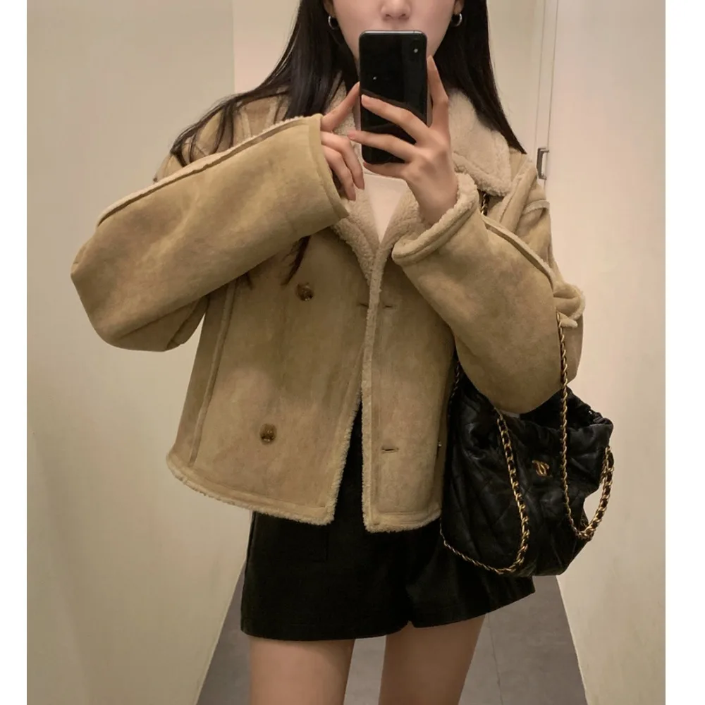 Chique Retro Suede Lange Sve Double Breasted Jas Dames Faion Koreaanse Sle Lente Herfst Winter Nieuwe Collectie Bovenkleding