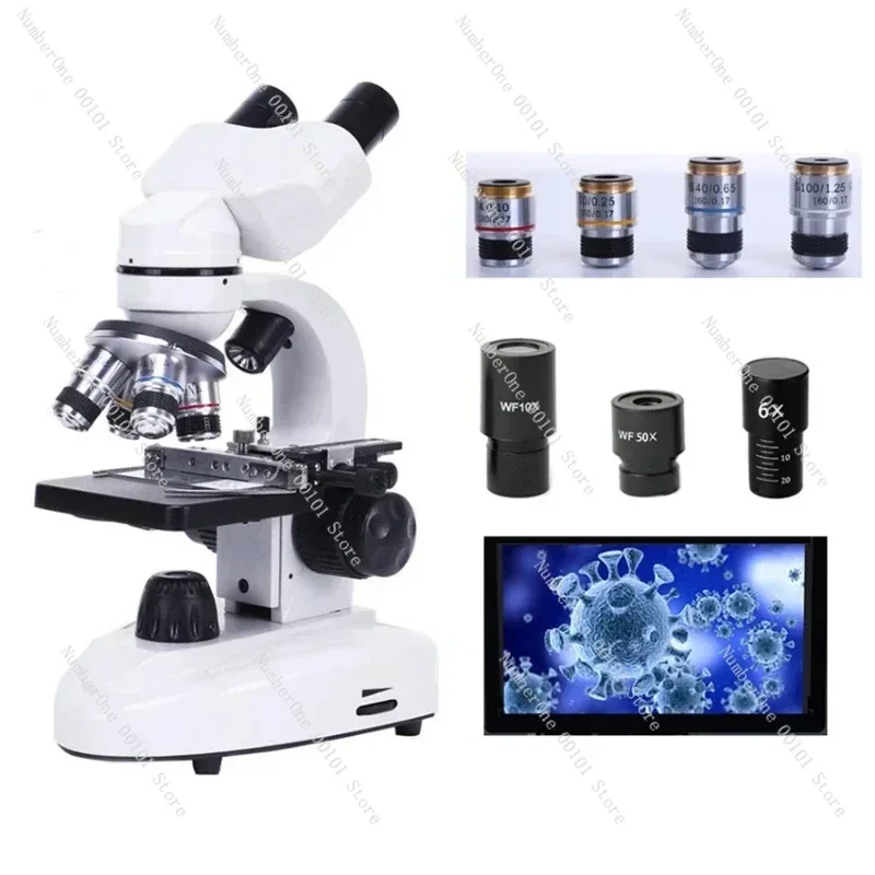 HD Digital Biological Microscope 30000X Zoom with 10X 50X Eyepiece Wide Field View for Lab Research Education