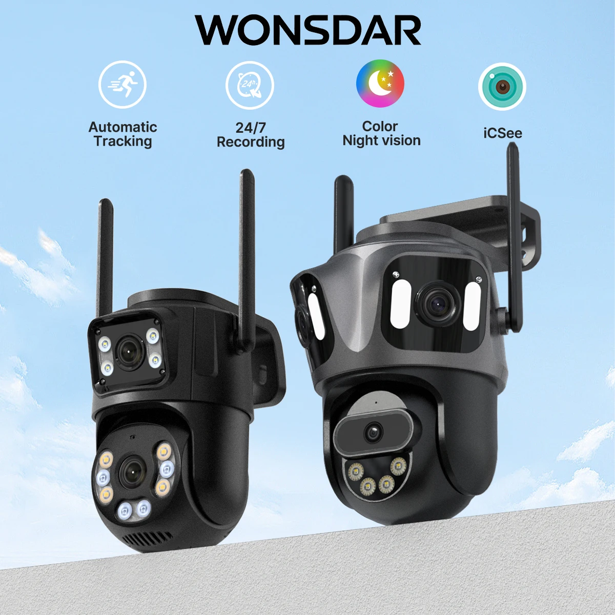 WONSDAR-cámara IP WIFI de 3 lentes y 3 pantallas, 2 lentes, 2 pantallas, cámara PTZ, detección humana, IP66, impermeable, vídeo CCTV, vigilancia iCsee