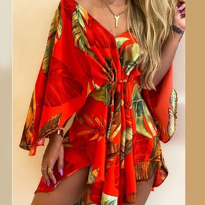 

Sexy V Neck Batwing Sleeve Dresses for Women Tie Front Irregular Dress Jumpsuit Playsuit Spring Summer