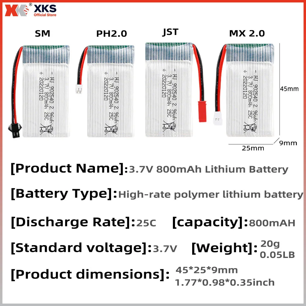 XKS 3,7 V 800 mAh Lipo-batterij 25C Hoge ontladingsnelheid - Vervangende batterij voor X5C X5SW Drone, RC Drone-accessoires 902540