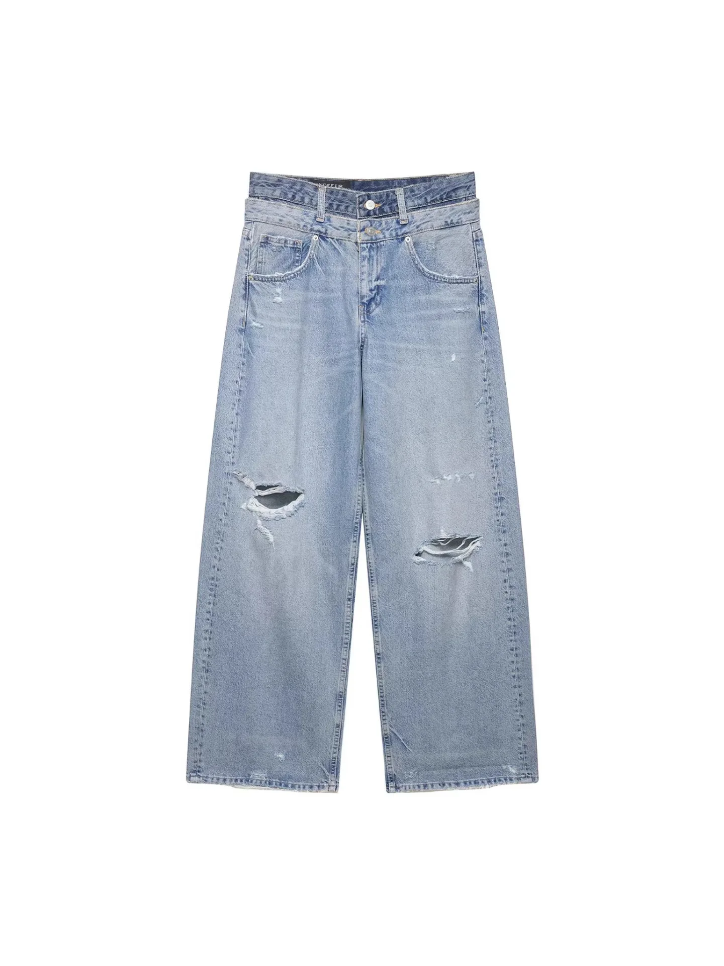 

Withered Fashionable Ripped Double-layer Waist Loose Mid Waist Straight Leg Jeans For Women