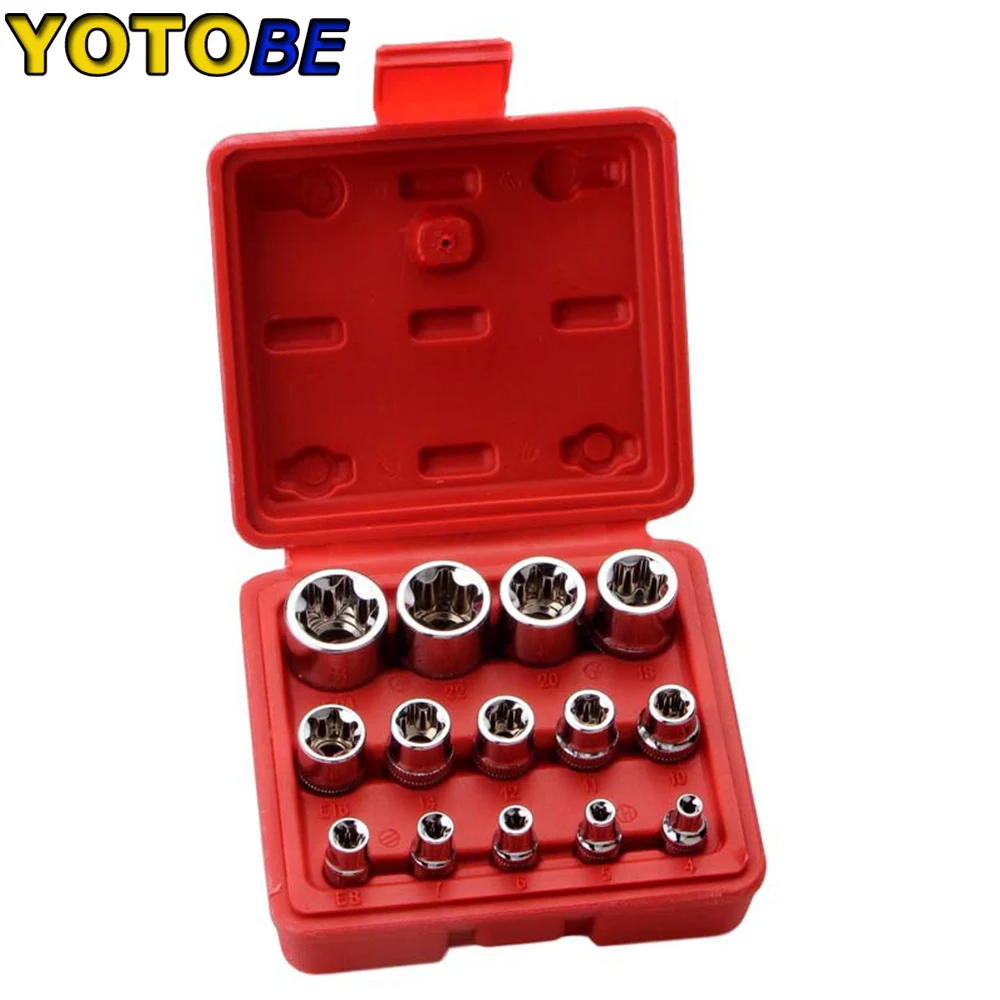 14 PC E Torx Star Square Female Bit Socket Set 1/2