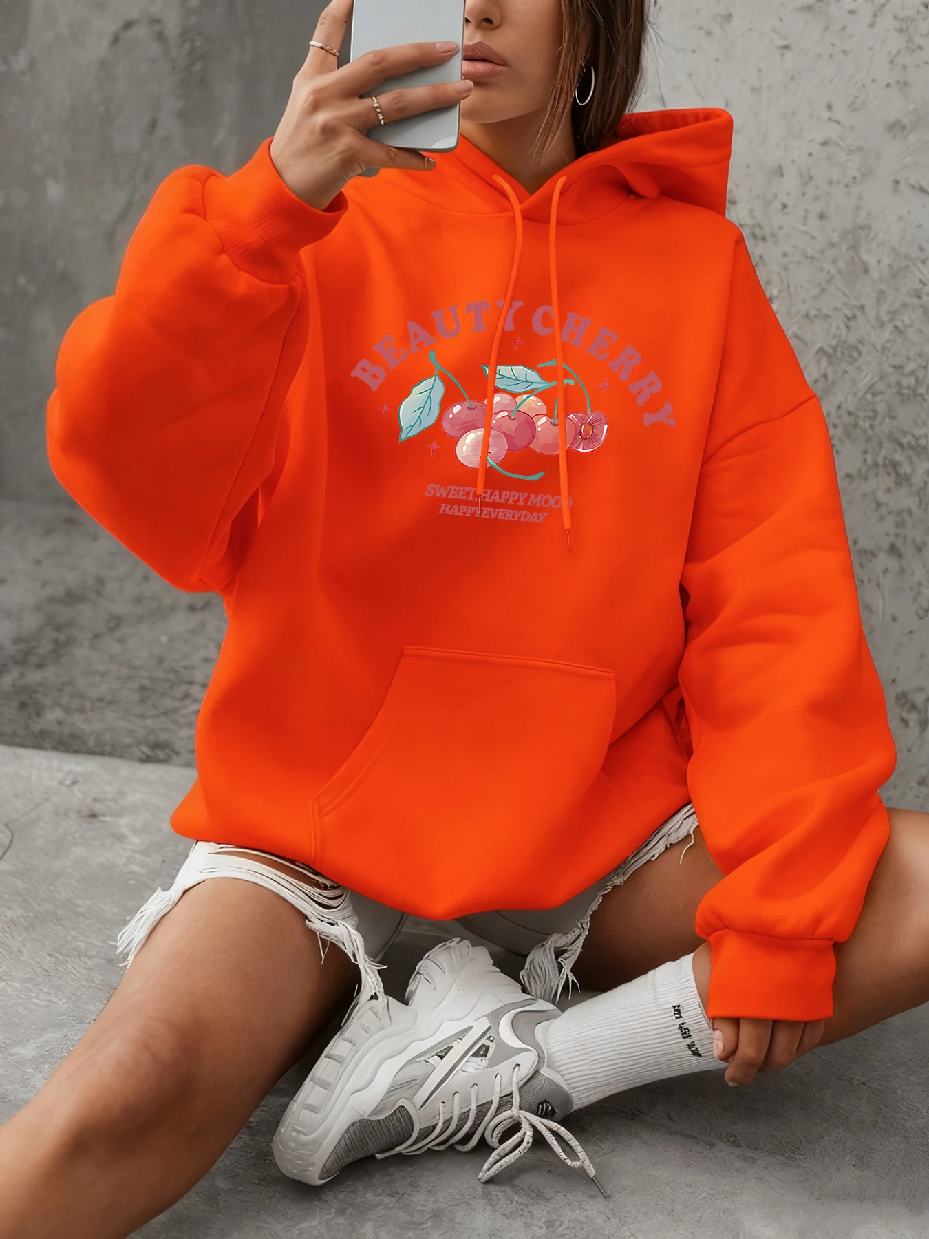 ビューティーチェリーアートレターデザイン服レディーススポーツ快適なパーカー長袖ソフトストリートウェアストリートスポーツスウェットシャツ