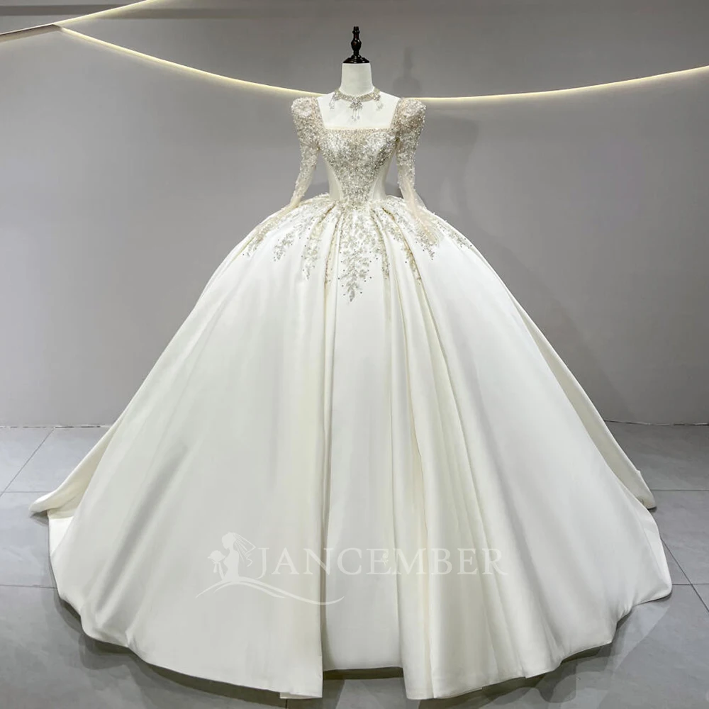 

Vintage Sparkling Bridal Ball Dress Lace Pearl Illusion Long Sleeve Wedding Dress Collar Ball Gown Palace Wedding Robe Customize