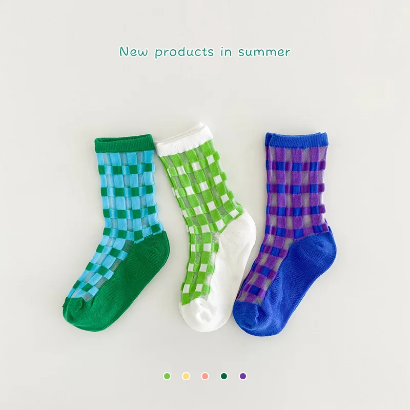 2024 Summer Socks Children Socks Boys Girls Mesh Sock 3 Pairs Kids Mid Calf Length Plaid Pattern Socks