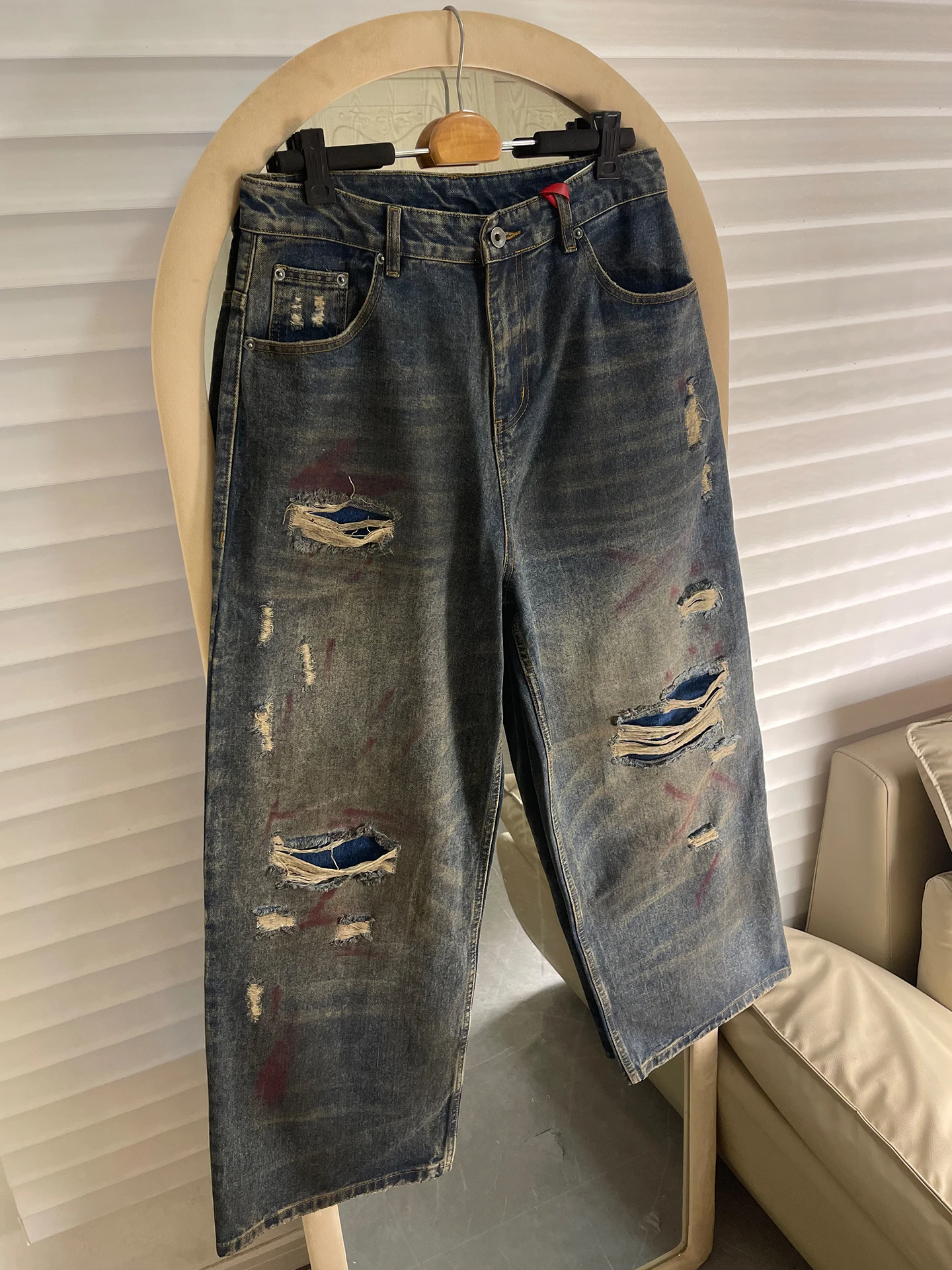 

Мужские джинсы в парижском стиле с эффектом американского граффити, винтажные, свободного кроя, прямые, широкие, с дырками