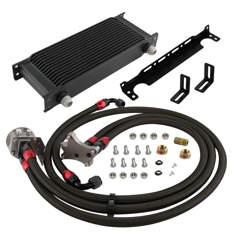 Kit de enfriador de aceite de 16 filas de reubicación de filtro de aceite compatible con Nissan 200SX 94-98 180SX S13 89-98 200SX S15 02-02 SR20DET negro/plata