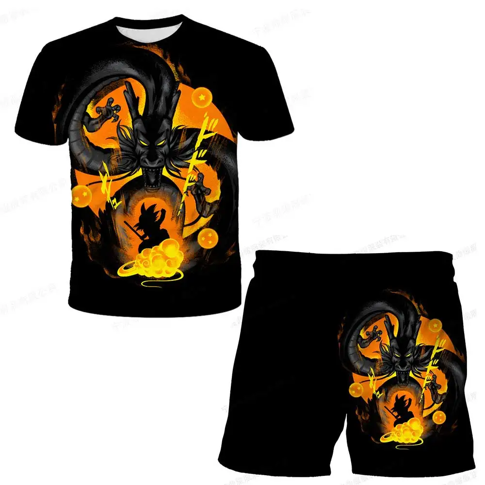 Japanese cartoon Dragon Ball Z T-shirt children's top T-shirt shorts two-piece set for summer boys T-shirt+shorts beach pants