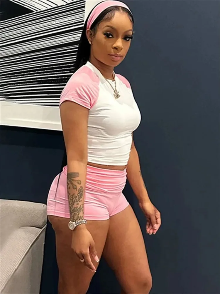 Leosoxs Sporty Patchwork 3 Piece Set Women Casual Summer Headband+Crop Top+High Waist Bike Shorts Street Matching Tracksuit