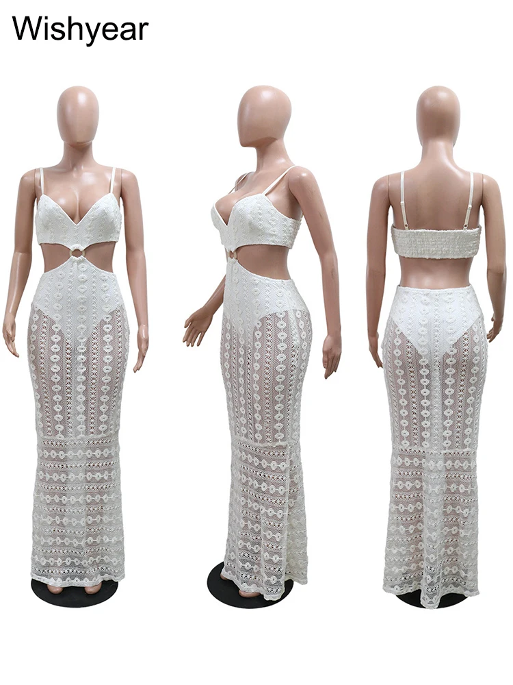 ฤดูร้อนใหม่วันหยุด Beach Party ผู้หญิงสปาเก็ตตี้สายคล้องคอ V คอ Hollow Out Lace ดูผ่านวันเกิดพรหมชุด Maxi สีขาว