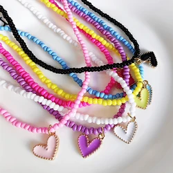 ZX Cute Colorful Enamel Heart Pendant Necklace for Women Handmade Seed Beaded Chain Short Necklace Wholesale Jewelry Party Gift