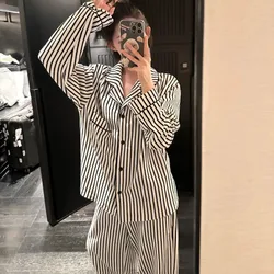 Gestreifte Nachtwäsche Frauen Pyjama Sets Herbst Piiama Freizeit hose Sets für Frauen 2 Stück Knopf koreanische Nacht trägt Home Anzug 2024