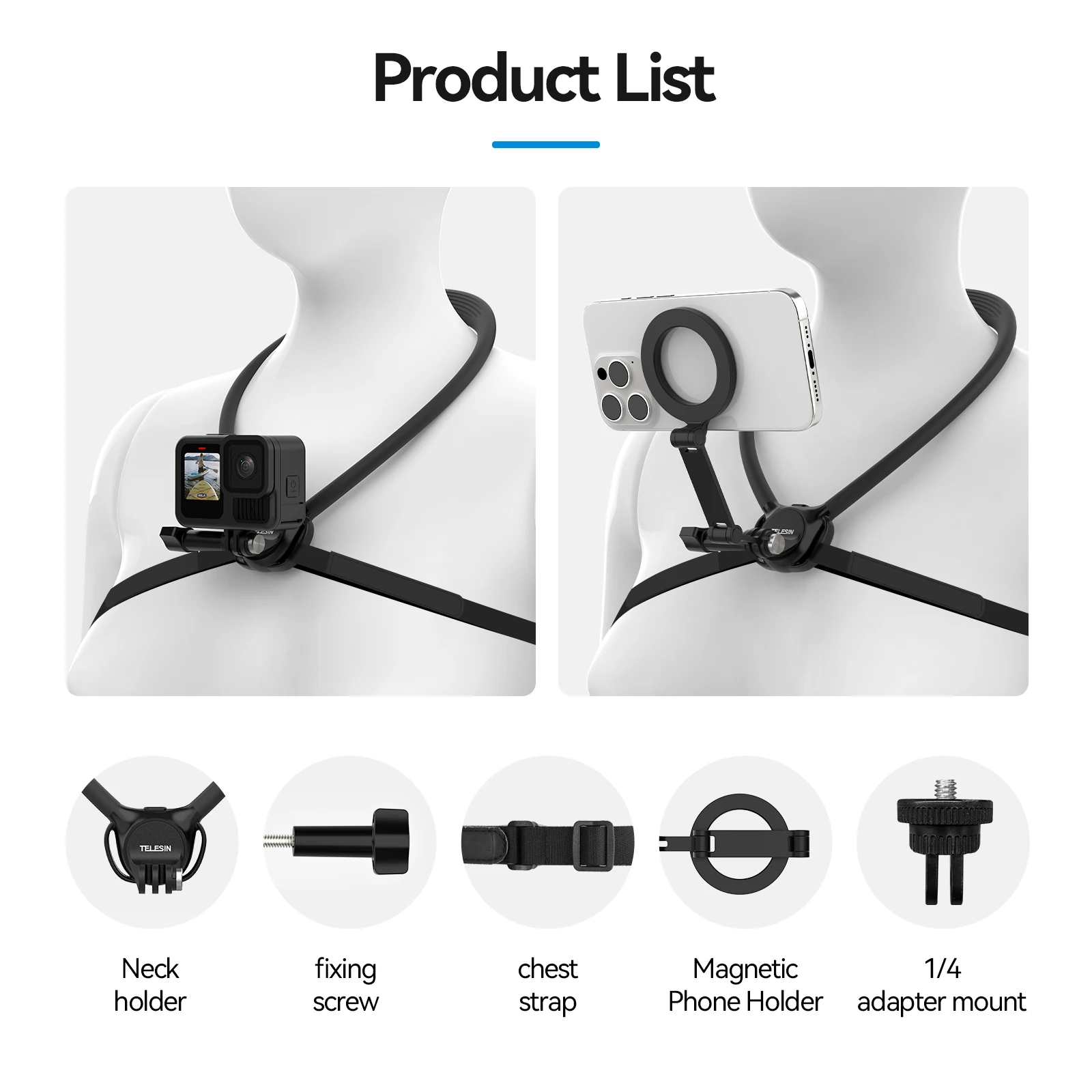 2-in-1 Neck Mount & Hand Stabilizer for GoPro/Insta360/DJI/Phone, Shockproof Holder for Vlog Live Streaming Outdoor Sports