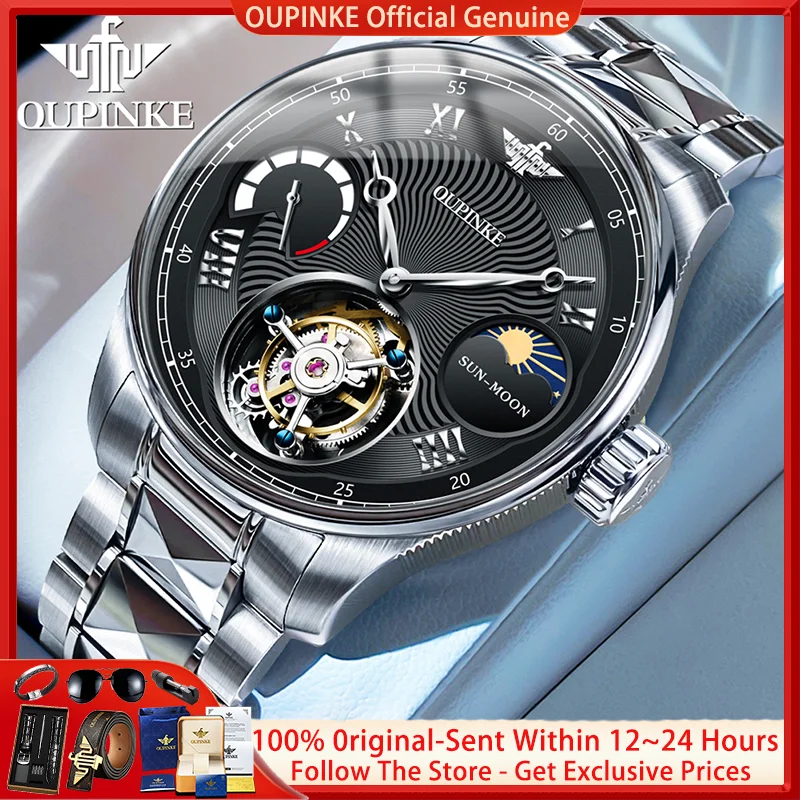 OUPINKE 8001 Men Watch Top Brand Luxury Men's Automatic Watch Sapphire Mirror Skeleton Tourbillon Mechanical Movement Men Watch