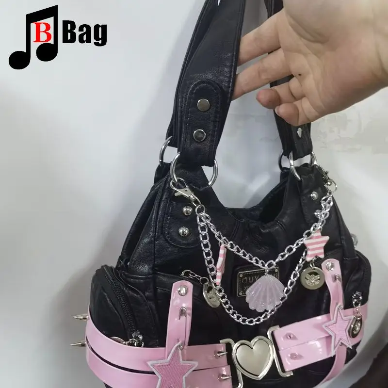 Retro Y2K women's handbag PINK star Large capacity Gothic Harajuku design tote punk lazy wandering crossbody bag shoulder Bag